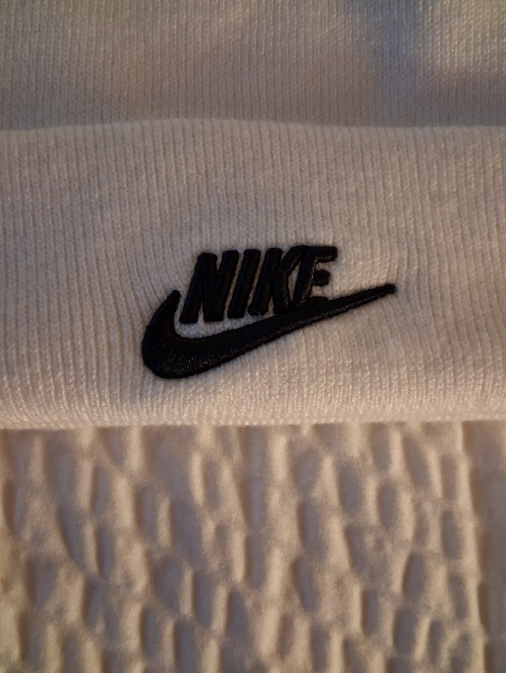 Nike Men's White Beanie - Classic Black Swoosh